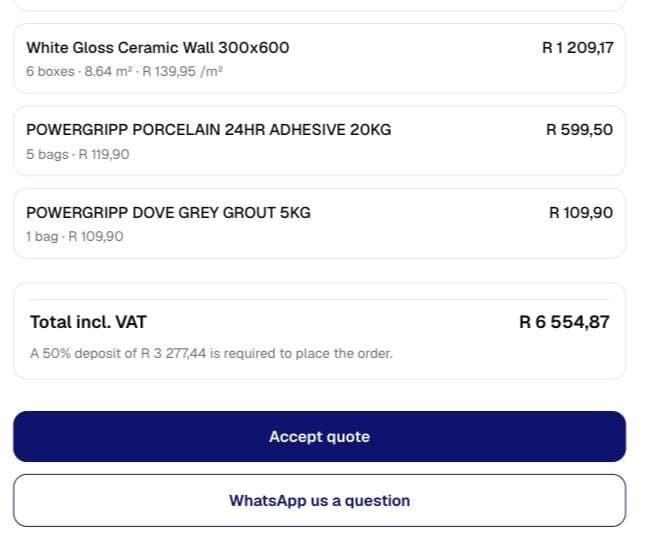 The foot of the customer's quote: total including VAT, the deposit required, and buttons to accept the quote or ask a question on WhatsApp.