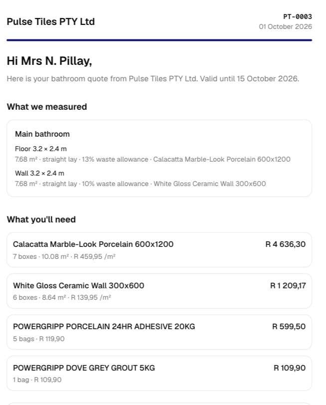 The customer's quote on a phone: what we measured, and what you'll need, itemised with prices.